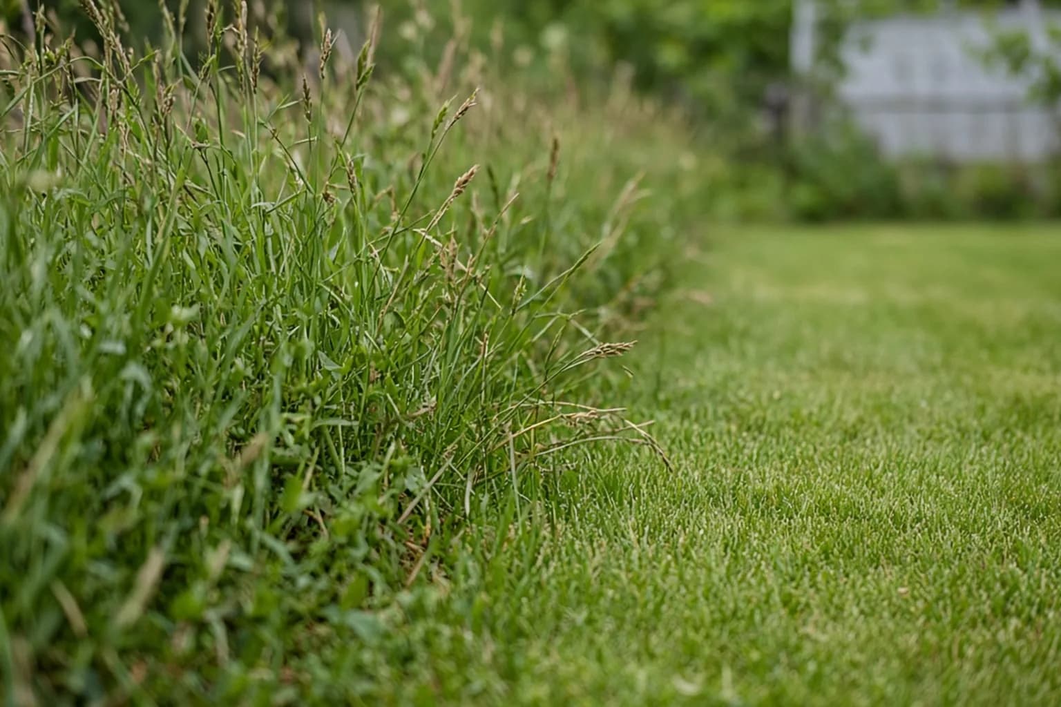 Tall grass meeting a mown lawn edge in summer