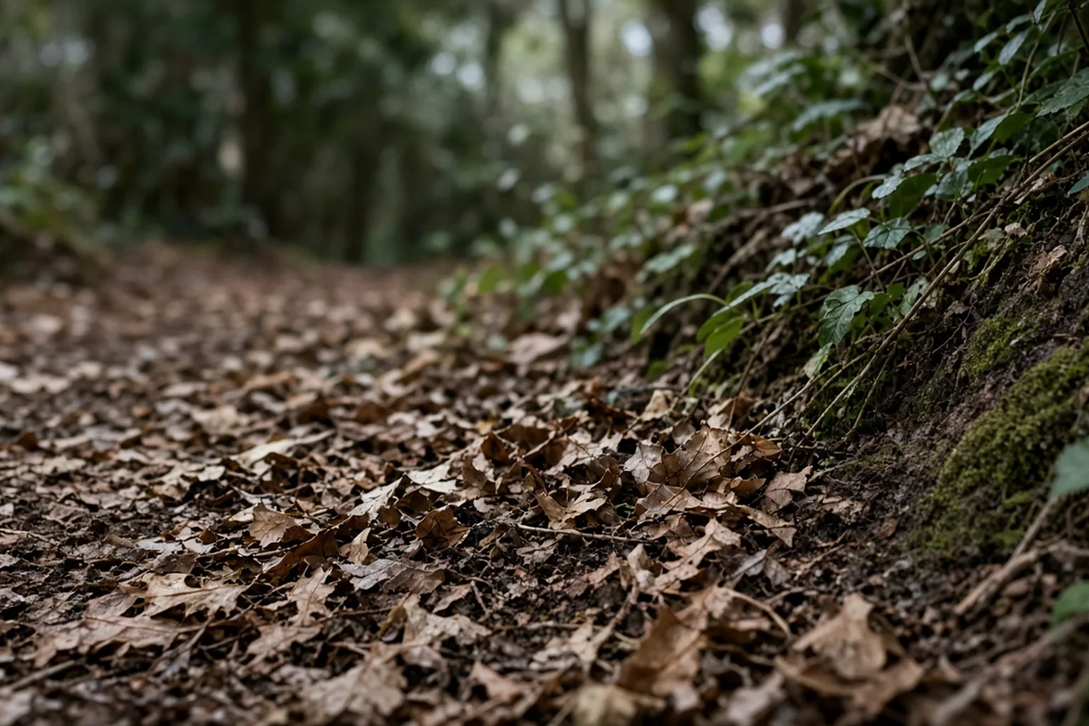 Shaded woodland trail edge with leaf litter