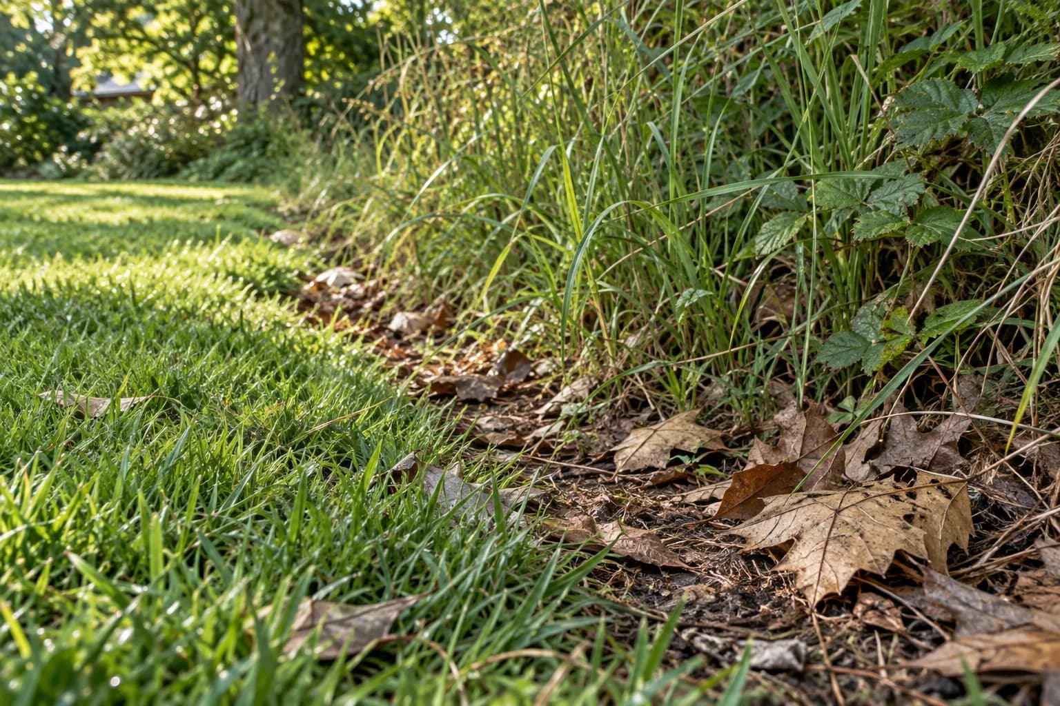 Lawn edge with tall grass and leaf litter
